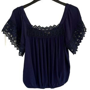 No Frills Cropped Babydoll Top sz M Lace Trim Cottagecore Fairy Navy